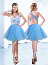 Suitable Baby Blue A-line Organza One Shoulder Sleeveless Beading Knee Length Criss Cross Evening Dress