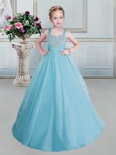  Aqua Blue Ball Gowns Straps Sleeveless Organza Floor Length Lace Up Beading Little Girls Pageant Dress Wholesale