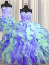 Best Selling Three Piece Sweetheart Sleeveless Lace Up Quince Ball Gowns Multi-color Organza