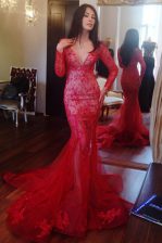  Mermaid Red Long Sleeves Sweep Train Beading and Lace Prom Dresses