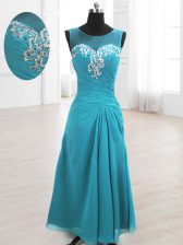 High End A-line Prom Dress Teal Scoop Chiffon Sleeveless Floor Length Lace Up