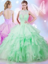  Apple Green Ball Gowns Tulle High-neck Sleeveless Beading and Ruffles Floor Length Lace Up 15th Birthday Dress