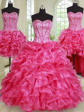  Four Piece Floor Length Ball Gowns Sleeveless Hot Pink Quince Ball Gowns Lace Up
