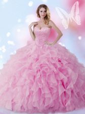  Rose Pink Lace Up Sweet 16 Dresses Beading and Ruffles Sleeveless Floor Length