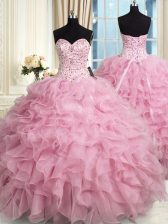  Rose Pink Organza Lace Up Quinceanera Gown Sleeveless Floor Length Beading and Ruffles