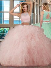  Scoop Sleeveless Backless Ball Gown Prom Dress Pink Tulle
