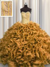 Best Selling Visible Boning Sleeveless Floor Length Beading and Ruffles Lace Up Quince Ball Gowns with Gold
