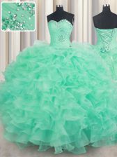 Turquoise Ball Gowns Sweetheart Sleeveless Organza Floor Length Lace Up Beading and Ruffles Quince Ball Gowns