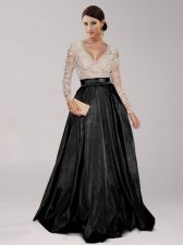Sophisticated Long Sleeves Floor Length Zipper Prom Evening Gown Black for Prom with Beading and Belt
