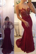 New Style Sweep Train Mermaid Prom Dress Burgundy Scoop Lace Sleeveless Zipper