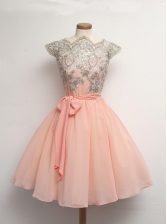 Sophisticated Scalloped Peach Cap Sleeves Knee Length Appliques Zipper Evening Dress