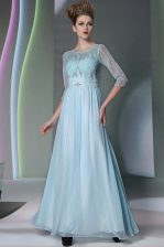  Light Blue Column/Sheath Scoop Half Sleeves Chiffon Ankle Length Zipper Beading Evening Dress
