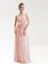 Beautiful Strapless Sleeveless Floor Length Ruching and Bowknot Baby Pink Chiffon