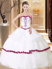 Nice White Sleeveless Floor Length Embroidery and Ruffled Layers Lace Up Vestidos de Quinceanera