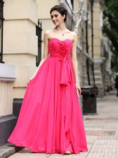  Hot Pink Sleeveless Sashes ribbons and Ruching and Hand Made Flower Floor Length 