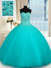 Custom Design Sleeveless Floor Length Beading Lace Up Quinceanera Dress with Aqua Blue