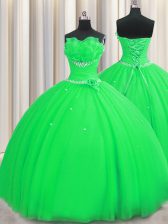 Trendy Handcrafted Flower Sleeveless Lace Up Floor Length Beading and Sequins and Hand Made Flower Quince Ball Gowns