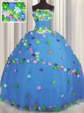 Lovely Blue Sleeveless Floor Length Hand Made Flower Lace Up Ball Gown Prom Dress