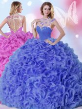 Floor Length Zipper Quinceanera Gown Blue for Military Ball and Sweet 16 and Quinceanera with Beading and Ruffles