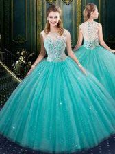 Sexy Aqua Blue Sleeveless Lace Floor Length 15 Quinceanera Dress