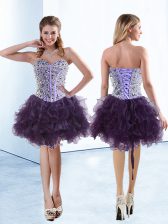 New Style Purple Sleeveless Beading and Ruffles Knee Length 