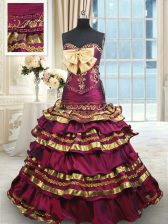  Burgundy Sweetheart Neckline Beading and Ruffled Layers and Bowknot Sweet 16 Dress Sleeveless Lace Up