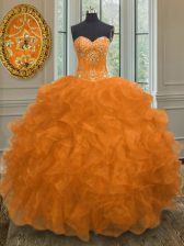 Perfect Orange Sweetheart Neckline Beading and Embroidery and Ruffles Sweet 16 Quinceanera Dress Sleeveless Lace Up