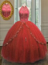High End Halter Top Wine Red Sleeveless Floor Length Beading and Appliques Lace Up Quinceanera Gown