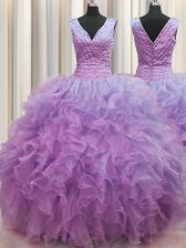  Zipper Up Lilac Ball Gowns Organza V-neck Sleeveless Ruffles Floor Length Zipper Sweet 16 Dress