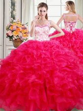 Traditional Straps Sleeveless Lace Up Quinceanera Dress Hot Pink Organza
