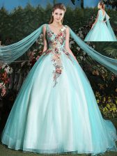 New Arrival Aqua Blue Lace Up V-neck Appliques Vestidos de Quinceanera Tulle Sleeveless Brush Train