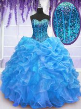 Admirable Blue Lace Up Ball Gown Prom Dress Beading and Ruffles Sleeveless Floor Length