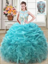 Most Popular Scoop Sleeveless Organza Floor Length Lace Up Quince Ball Gowns in Aqua Blue with Beading and Ruffles
