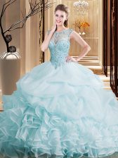  Light Blue Organza Lace Up Scoop Sleeveless Sweet 16 Dresses Brush Train Beading and Ruffles and Pick Ups