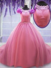 Customized Rose Pink Lace Up Scoop Beading and Hand Made Flower Ball Gown Prom Dress Tulle Cap Sleeves Court Train
