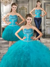  Three Piece Teal Ball Gowns Tulle Sweetheart Sleeveless Beading and Ruffles Floor Length Lace Up Quince Ball Gowns