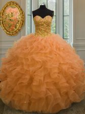 Cute Orange Lace Up Sweetheart Beading and Ruffles Quinceanera Dress Organza Sleeveless