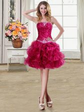 Super Fuchsia Ball Gowns Beading and Ruffles Prom Evening Gown Lace Up Organza Sleeveless Mini Length