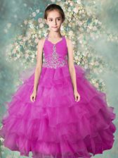 Best Halter Top Fuchsia Zipper Kids Pageant Dress Beading and Ruffled Layers Sleeveless Floor Length