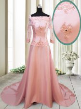  Square Beading and Appliques Prom Dress Peach Zipper Long Sleeves With Brush Train