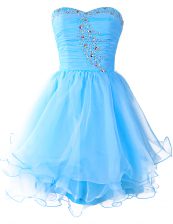 Artistic Baby Blue Lace Up Beading Sleeveless Mini Length