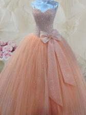 Fashionable Peach Spaghetti Straps Lace Up Beading and Bowknot Prom Gown Sleeveless