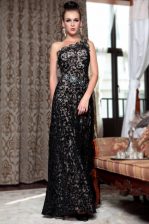  One Shoulder Black Sleeveless Floor Length Beading Side Zipper Prom Evening Gown
