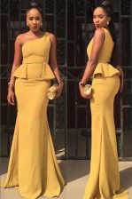 Best Mermaid One Shoulder Yellow Sleeveless Elastic Woven Satin Zipper Homecoming Dress for Prom and Party
