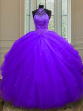 Vintage Purple Tulle Lace Up Halter Top Sleeveless Floor Length Quinceanera Gown Beading and Sequins