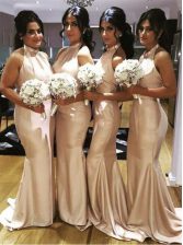New Style Mermaid Halter Top Sleeveless Satin Prom Dress Ruching Brush Train Backless