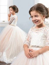  Tulle Scoop Half Sleeves Brush Train Lace Up Beading and Lace Flower Girl Dress in Champagne