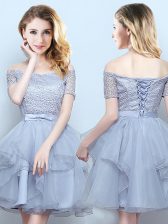  Grey Off The Shoulder Neckline Lace and Ruffles and Belt Damas Dress Short Sleeves Lace Up
