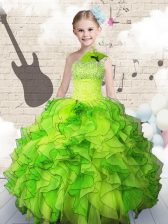 Fashion One Shoulder Organza Sleeveless Floor Length Girls Pageant Dresses and Beading and Ruffles