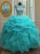 Glorious Scoop Sleeveless Floor Length Beading and Ruffles Lace Up Quince Ball Gowns with Baby Blue
